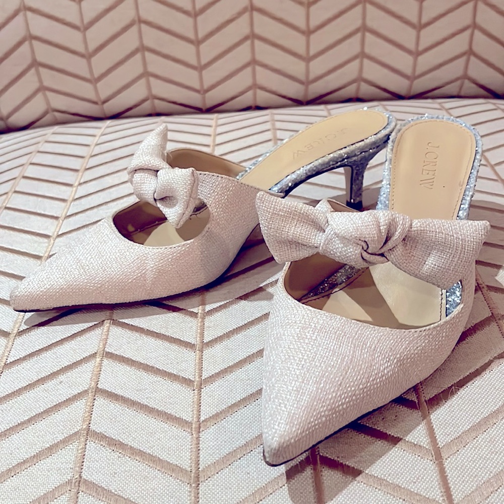 Jcrew kitten heel slides, decorative bow, glitter heel